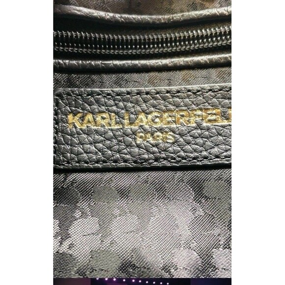 Karl Lagerfeld Black Leather Shoulder Bag Flowers Modern Minimalist Office Chic - Picture 3 of 5